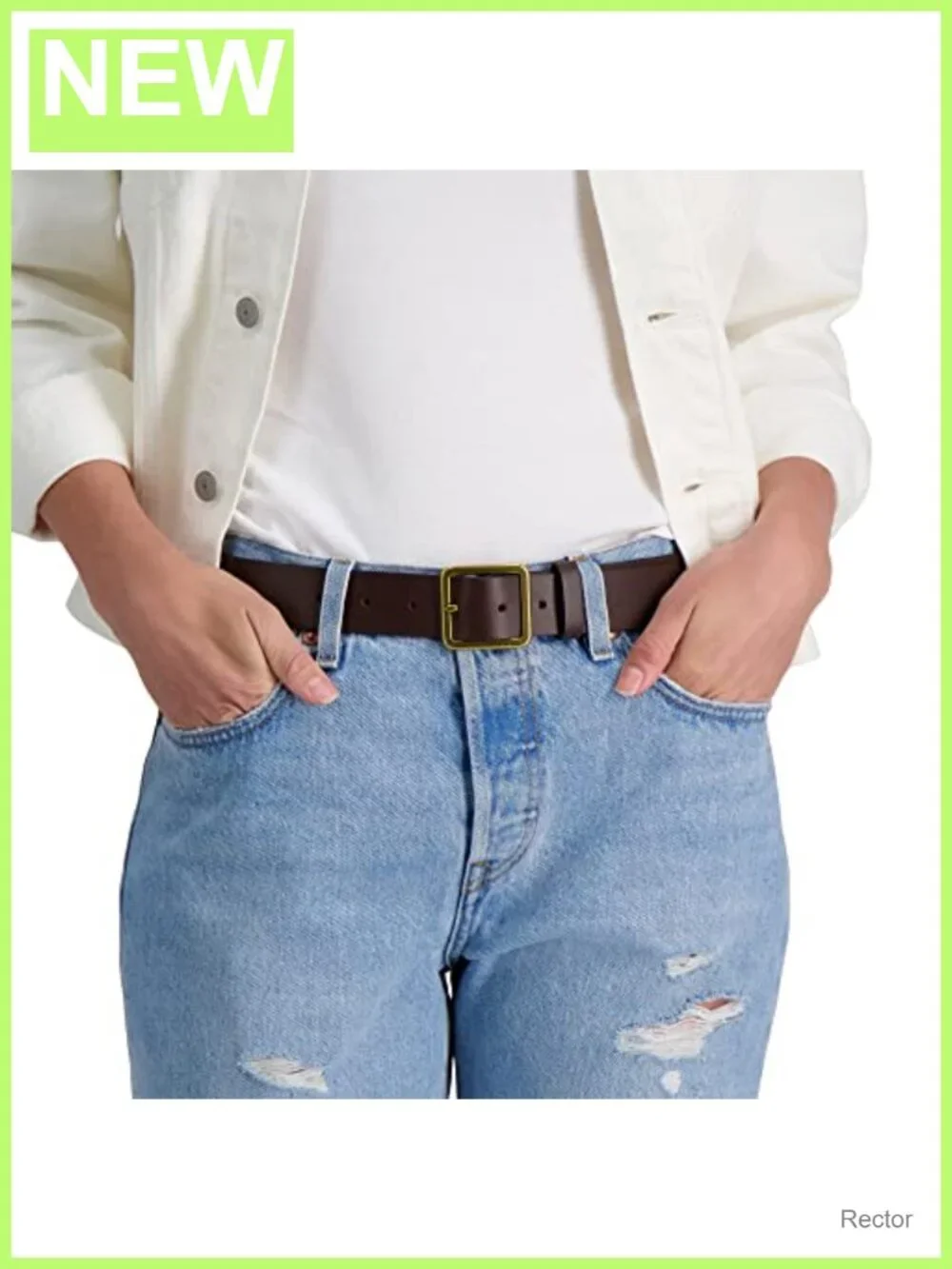 Genuine Leather Casual Belt with Square Buckle for Jeans and Dresses